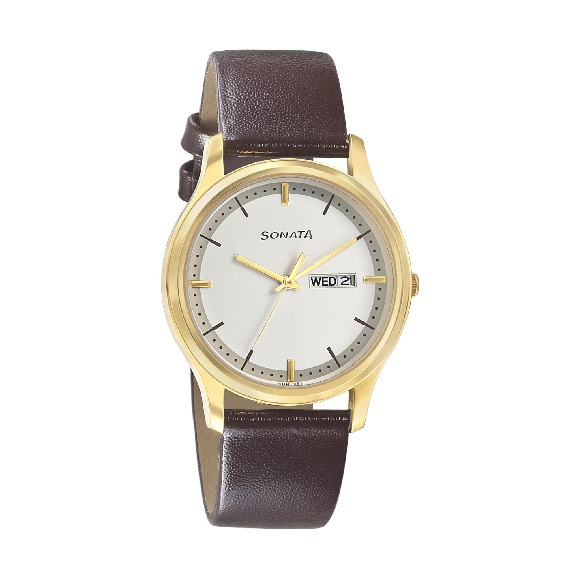 Sonata White Dial Brown Leather Strap Analog with Date and Day Watch for Men