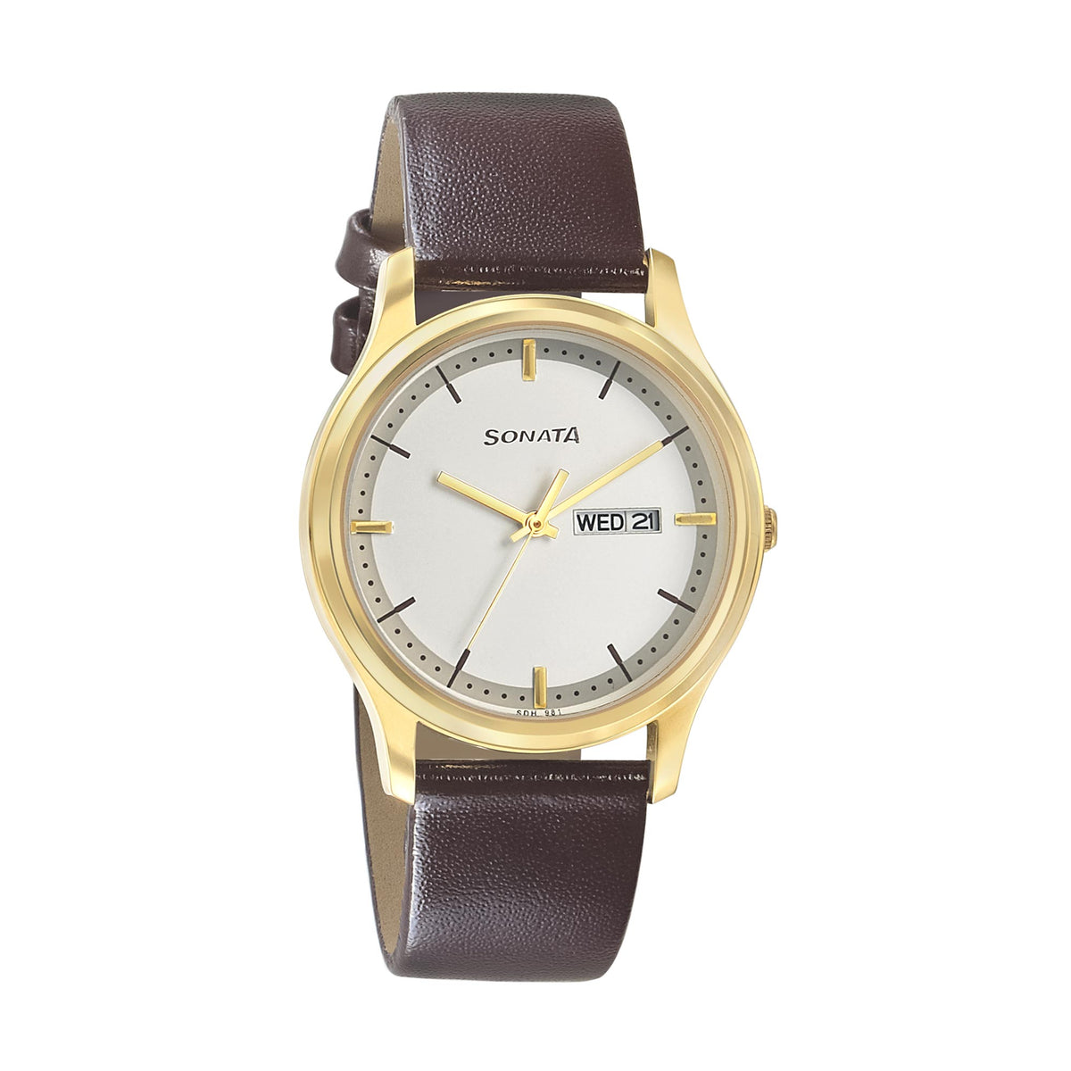 Sonata White Dial Brown Leather Strap Analog with Date and Day Watch for Men