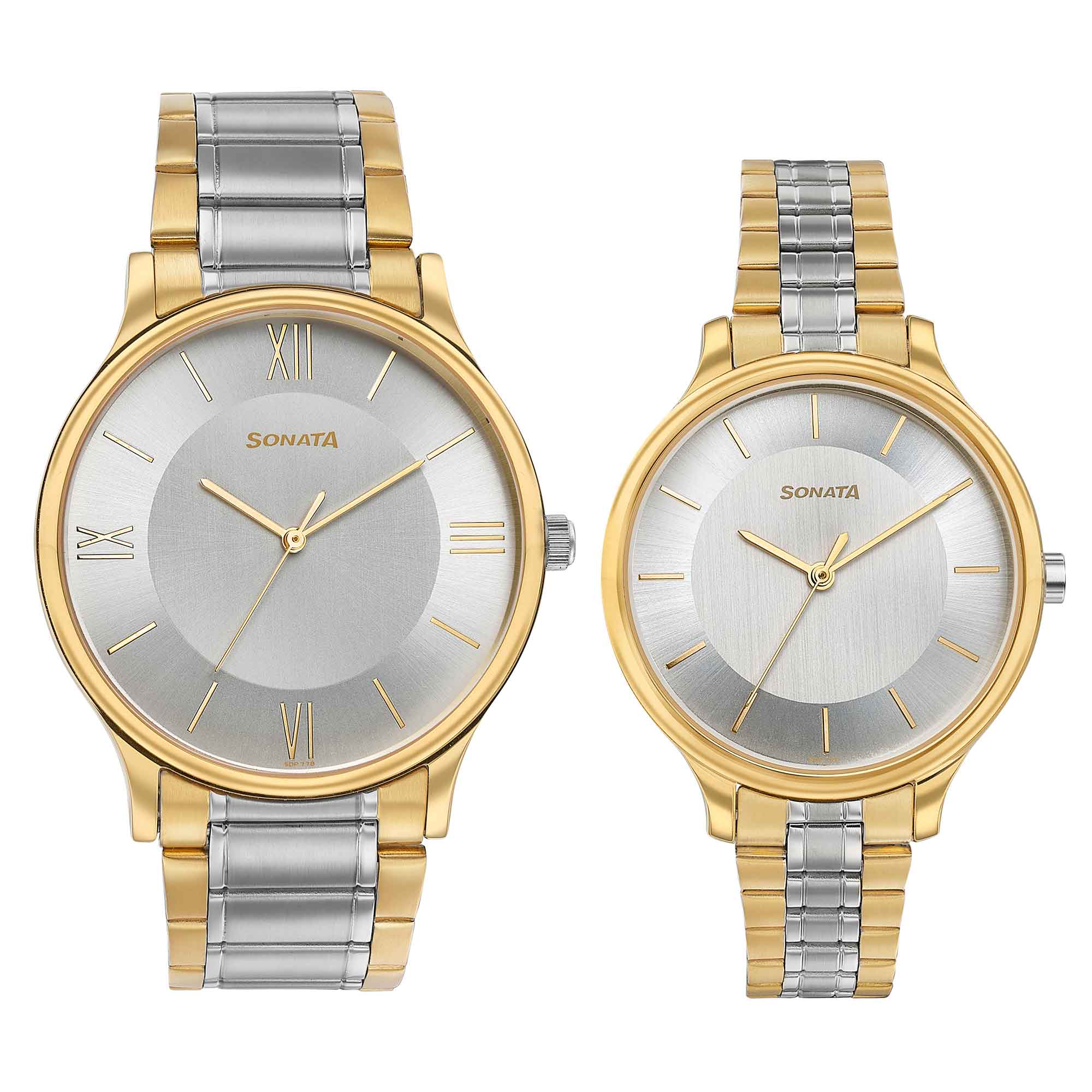 Sonata Bandhan Silver Dial Two Toned Stainless Steel Strap Analog Watch for Couple
