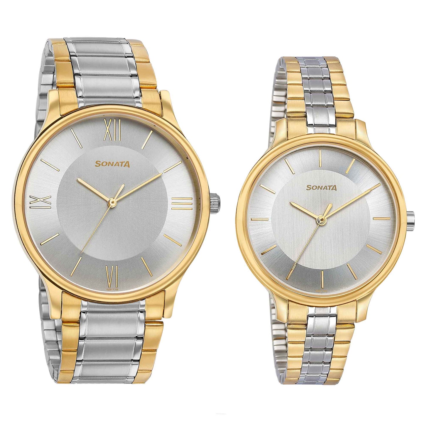 Sonata Bandhan Silver Dial Two Toned Stainless Steel Strap Analog Watch for Couple