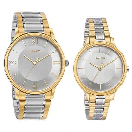 Sonata Bandhan Silver Dial Two Toned Stainless Steel Strap Analog Watch for Couple