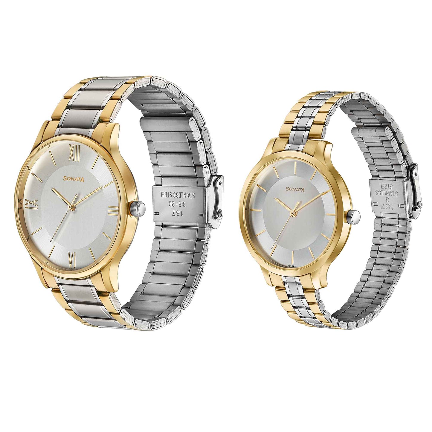 Sonata Bandhan Silver Dial Two Toned Stainless Steel Strap Analog Watch for Couple