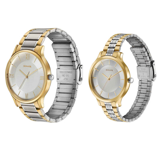 Sonata Bandhan Silver Dial Two Toned Stainless Steel Strap Analog Watch for Couple