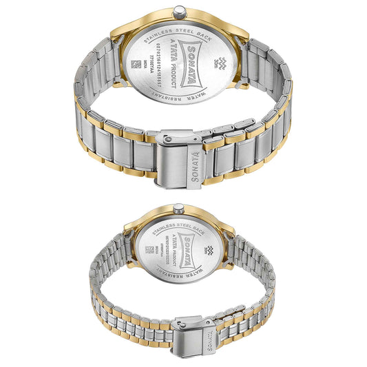 Sonata Bandhan Silver Dial Two Toned Stainless Steel Strap Analog Watch for Couple