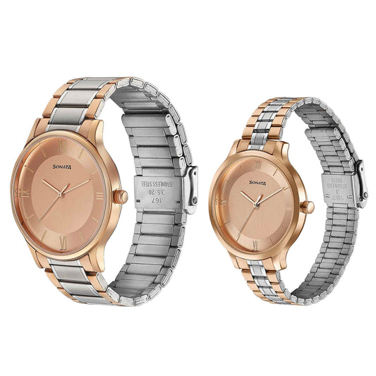 Sonata Bandhan Rose Gold Dial Two Toned Stainless Steel Strap Analog Watch for Couple