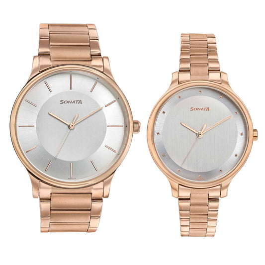Sonata Bandhan Silver Dial Rose Gold Metal Strap Analog Watch for Couple