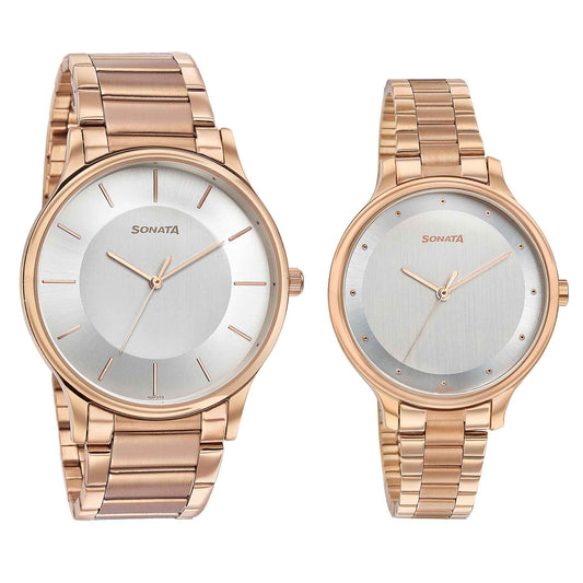 Sonata Bandhan Silver Dial Rose Gold Metal Strap Analog Watch for Couple