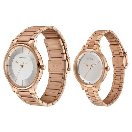Sonata Bandhan Silver Dial Rose Gold Metal Strap Analog Watch for Couple