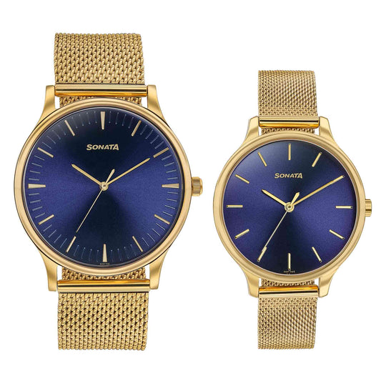 Sonata Bandhan Blue Dial Golden Metal Strap Analog Watch for Couple