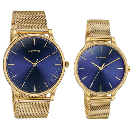Sonata Bandhan Blue Dial Golden Metal Strap Analog Watch for Couple