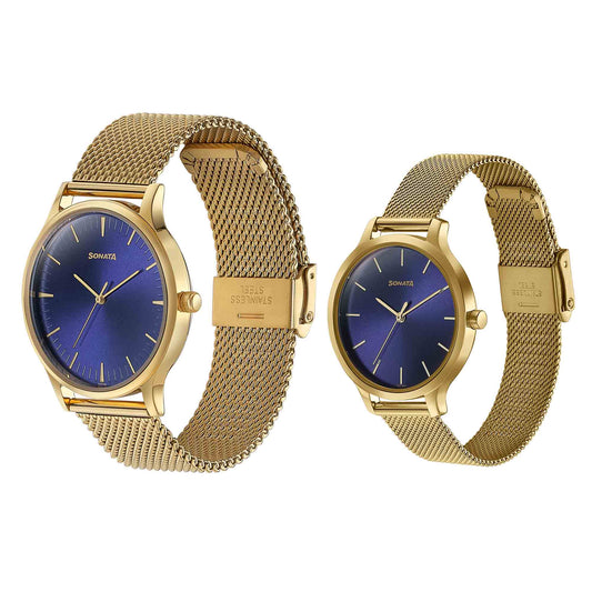 Sonata Bandhan Blue Dial Golden Metal Strap Analog Watch for Couple