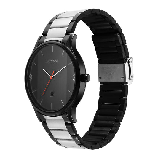 Sonata Black Dial Two Toned Metal Strap Analog Watch for Men