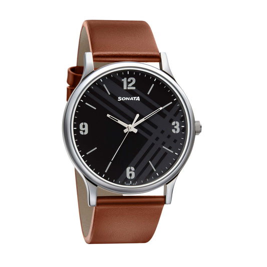 Sonata Black Dial Brown Leather Strap Analog Watch for Men