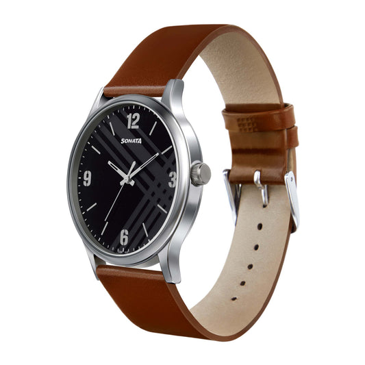 Sonata Black Dial Brown Leather Strap Analog Watch for Men