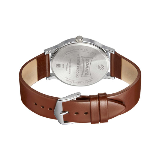 Sonata Black Dial Brown Leather Strap Analog Watch for Men