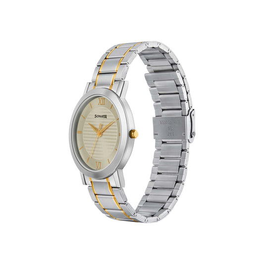 Sonata Champagne Dial Two Toned Stainless Steel Strap Analog Watch for Men