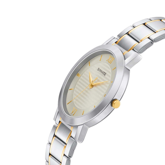Sonata Champagne Dial Two Toned Stainless Steel Strap Analog Watch for Men
