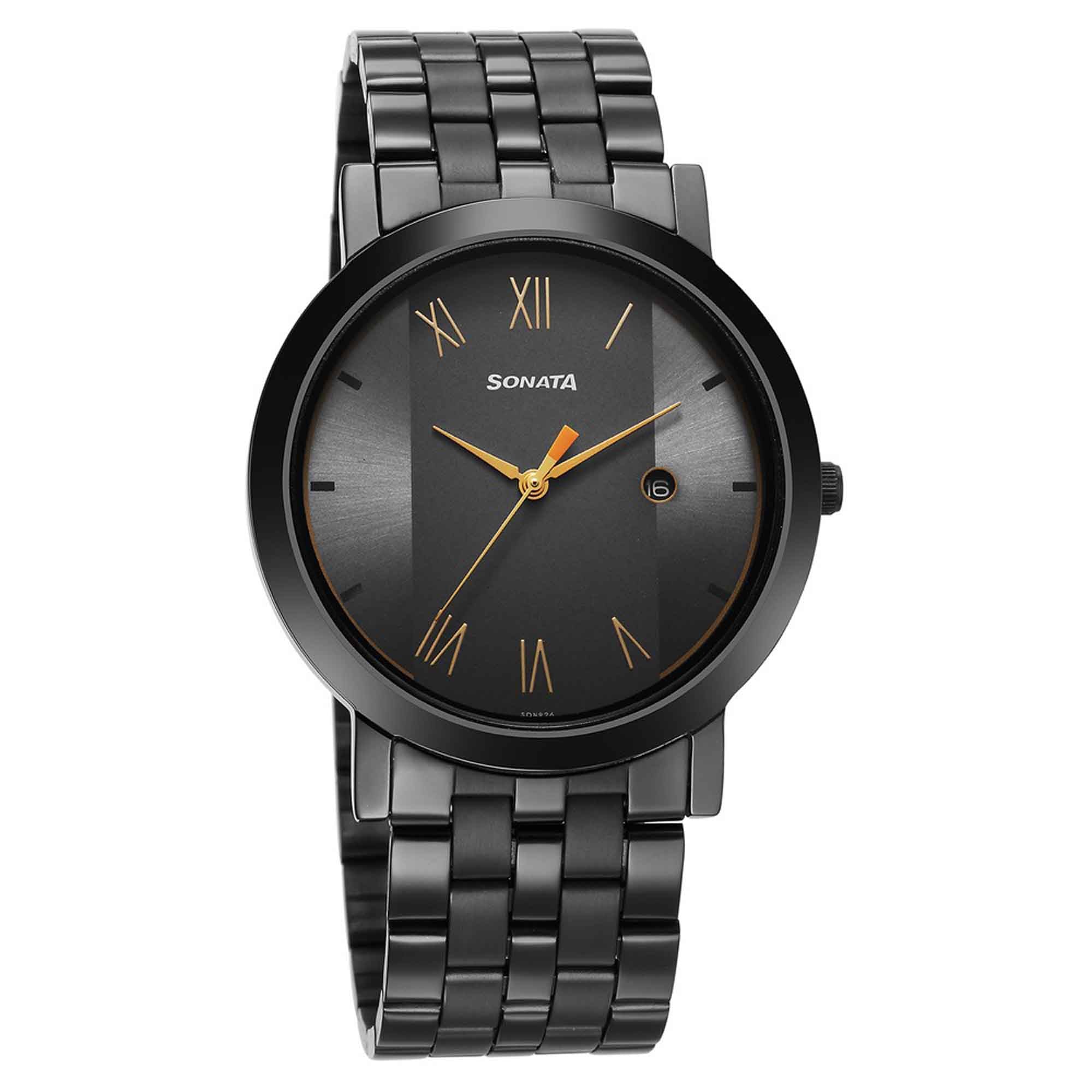 Sonata Grey Dial Black Stainless Steel Strap Analog with Date Watch for Men
