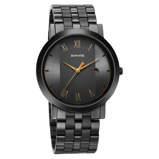Sonata Grey Dial Black Stainless Steel Strap Analog with Date Watch for Men