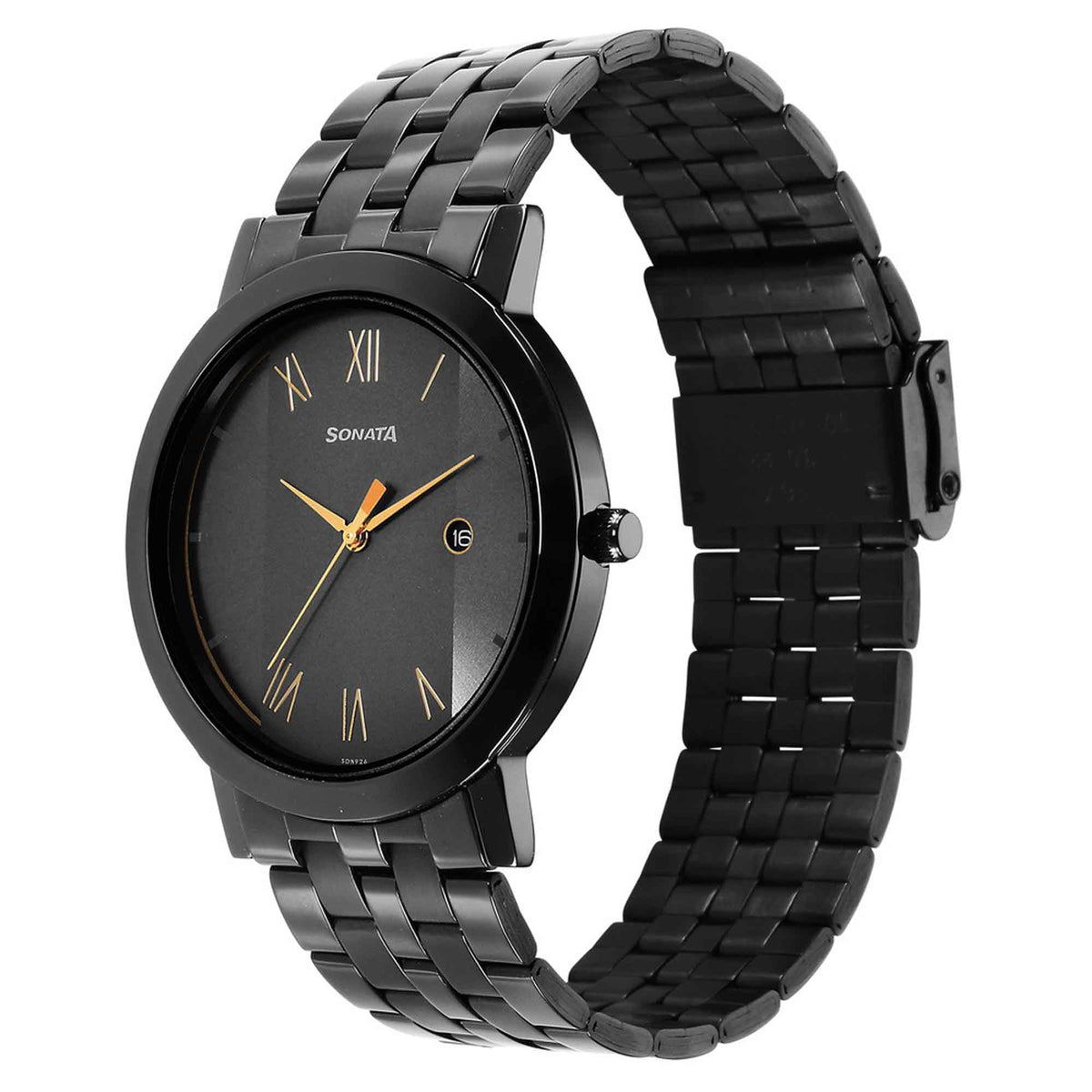 Sonata Grey Dial Black Stainless Steel Strap Analog with Date Watch for Men