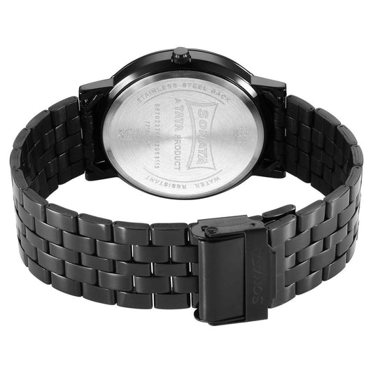 Sonata Grey Dial Black Stainless Steel Strap Analog with Date Watch for Men