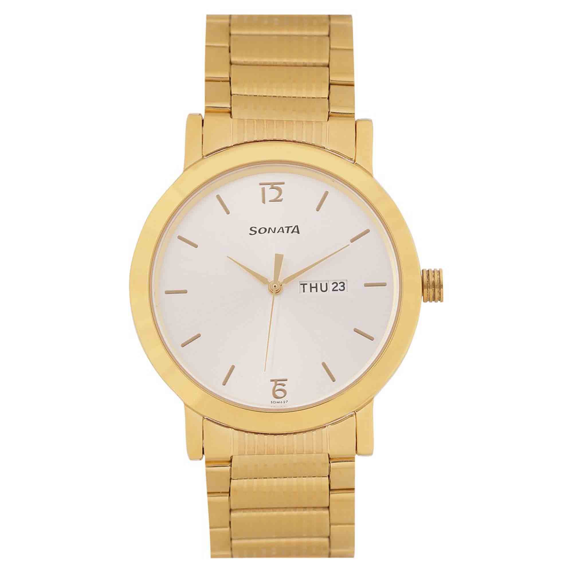 Sonata White Dial Gold Stainless Steel Strap Analog with Date and Day Watch for Men