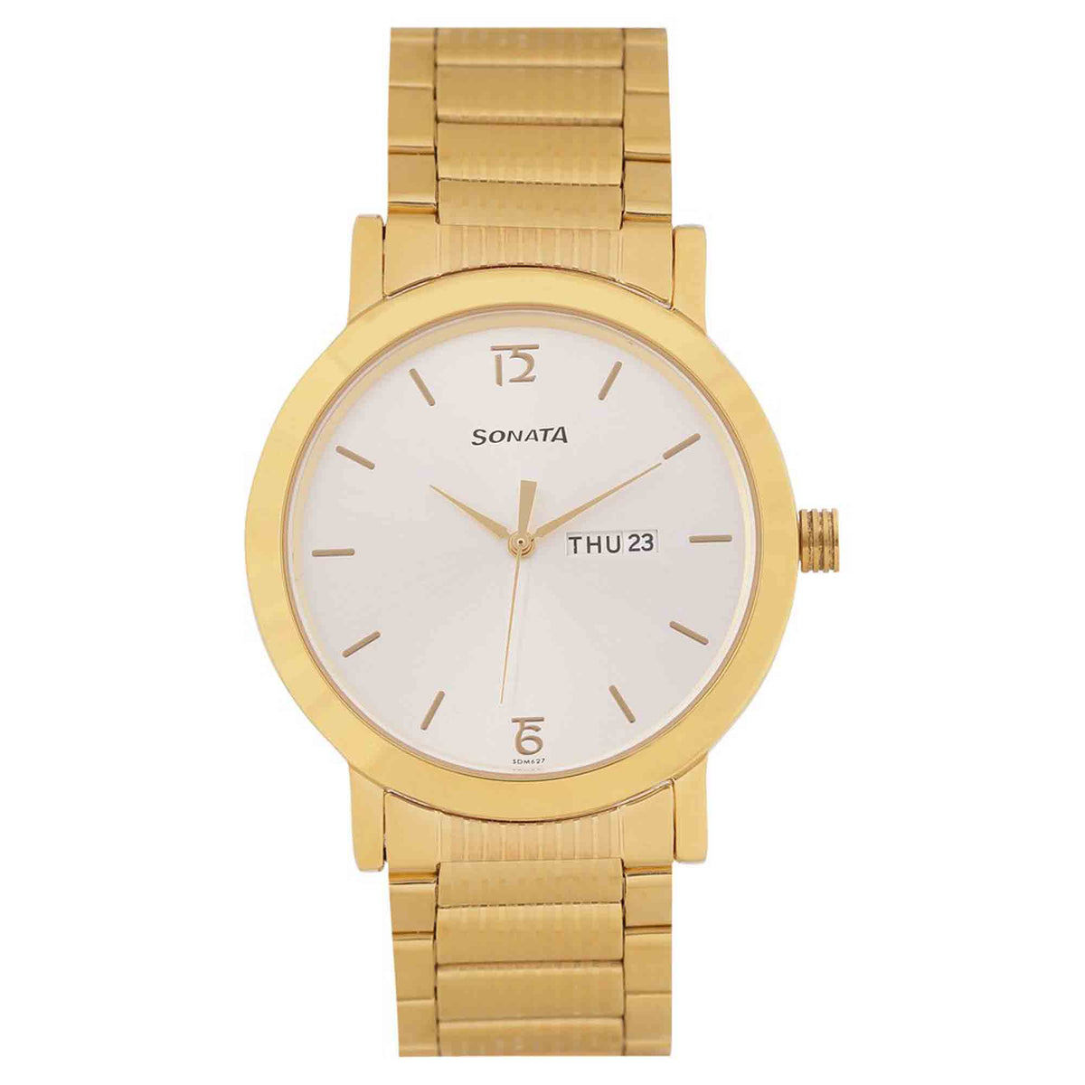 Sonata White Dial Gold Stainless Steel Strap Analog with Date and Day Watch for Men