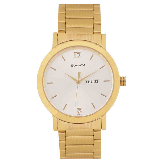 Sonata White Dial Gold Stainless Steel Strap Analog with Date and Day Watch for Men