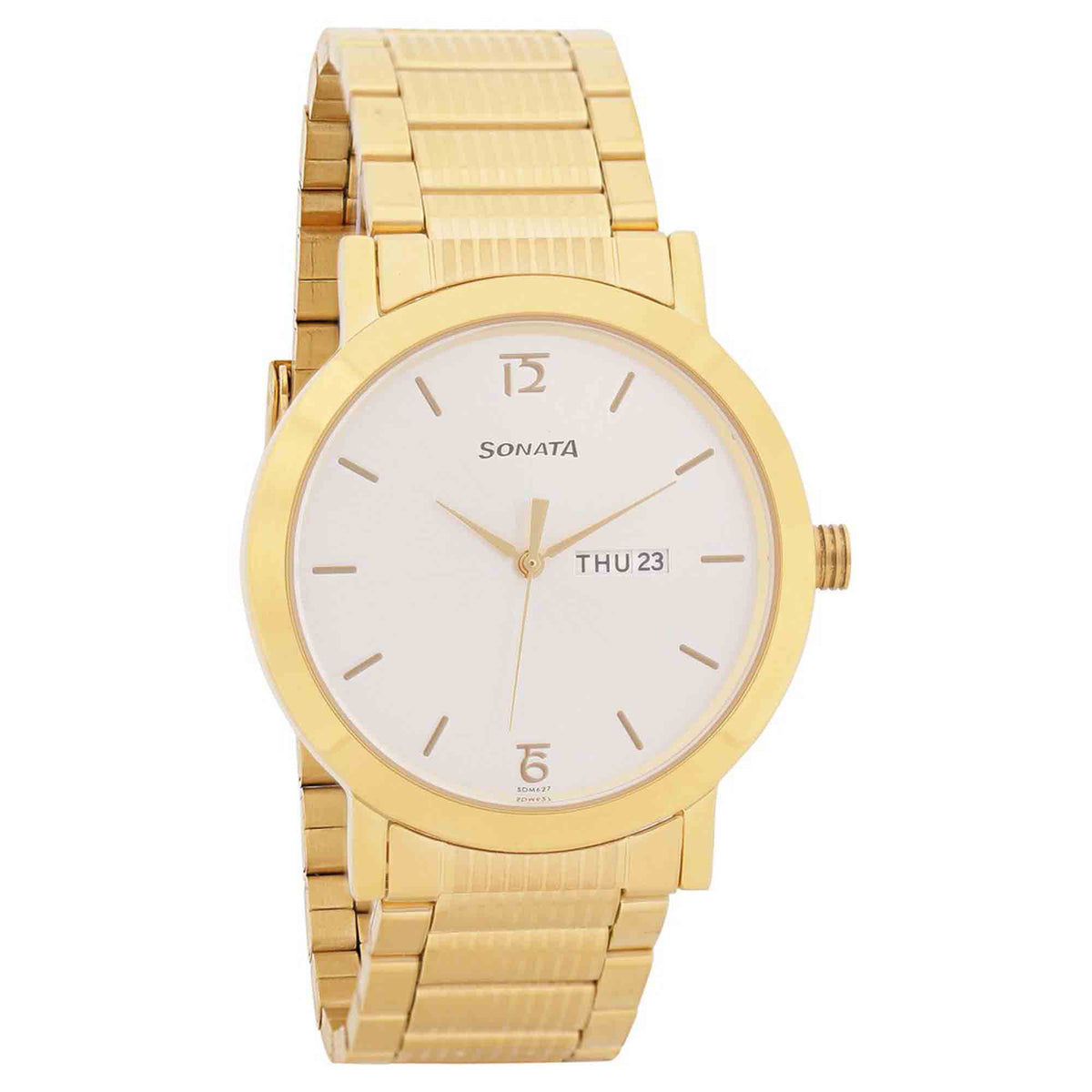 Sonata White Dial Gold Stainless Steel Strap Analog with Date and Day Watch for Men