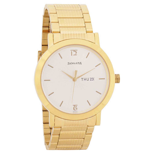 Sonata White Dial Gold Stainless Steel Strap Analog with Date and Day Watch for Men