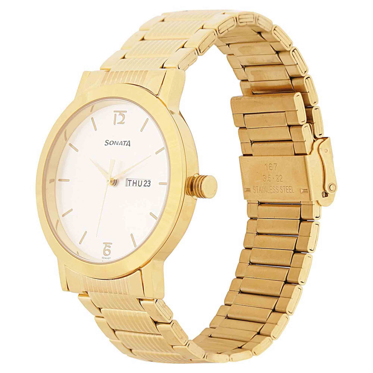 Sonata White Dial Gold Stainless Steel Strap Analog with Date and Day Watch for Men