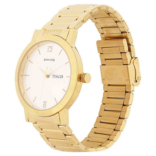Sonata White Dial Gold Stainless Steel Strap Analog with Date and Day Watch for Men