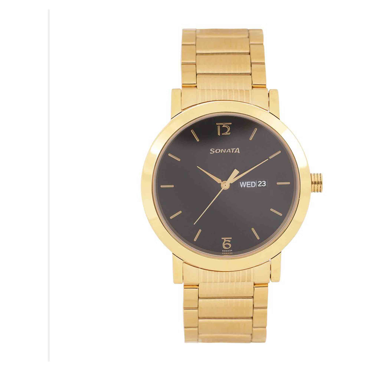 Sonata Black Dial Gold Stainless Steel Strap Analog with Date and Day Watch for Men