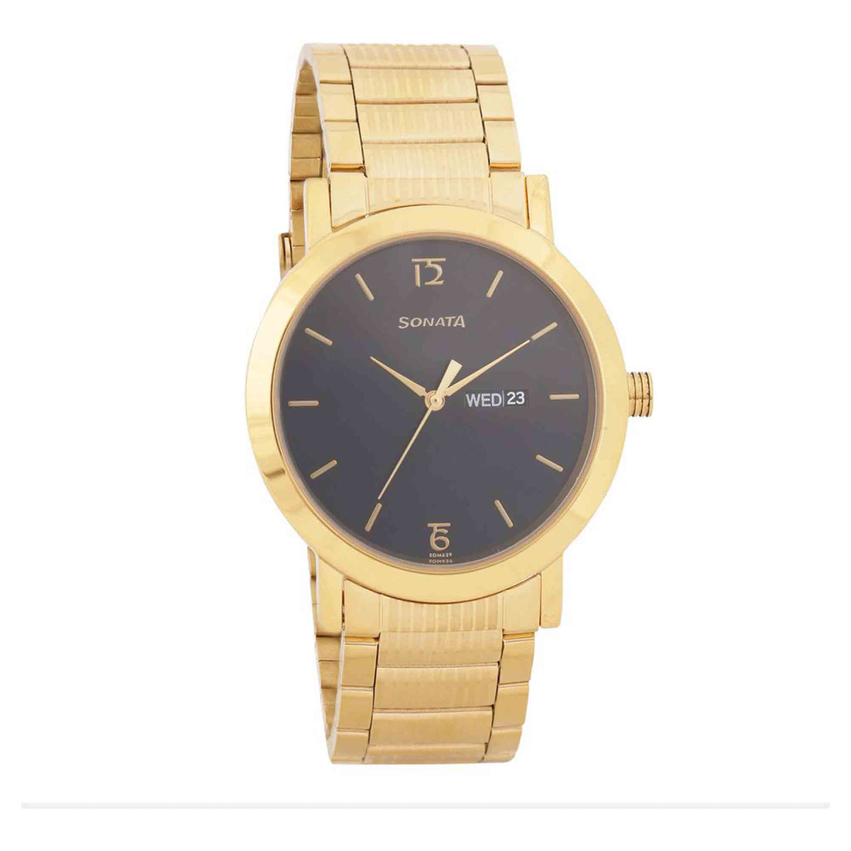 Sonata Black Dial Gold Stainless Steel Strap Analog with Date and Day Watch for Men