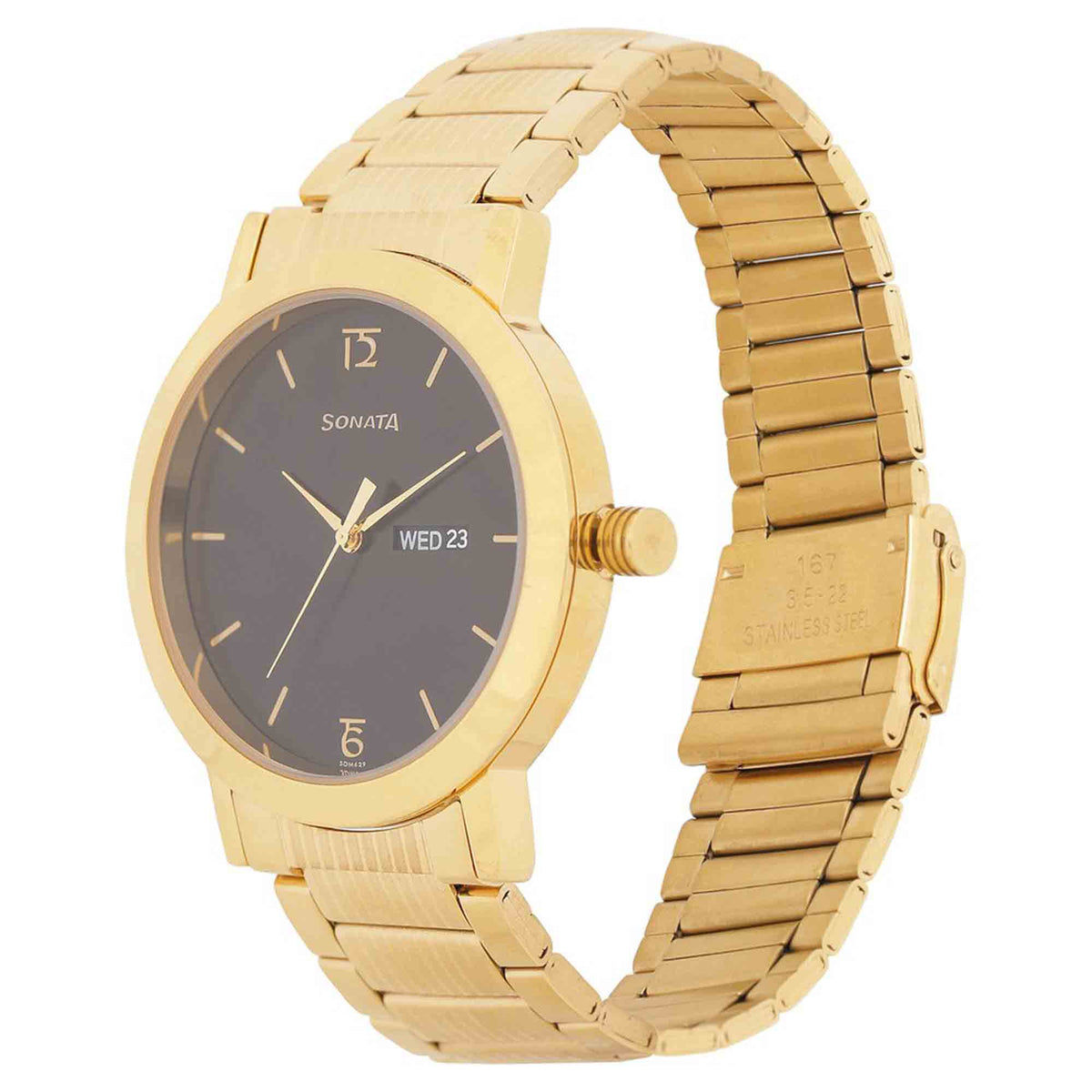 Sonata Black Dial Gold Stainless Steel Strap Analog with Date and Day Watch for Men