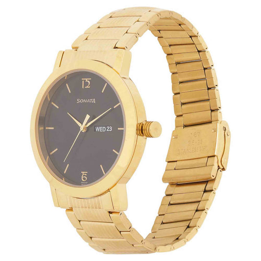 Sonata Black Dial Gold Stainless Steel Strap Analog with Date and Day Watch for Men