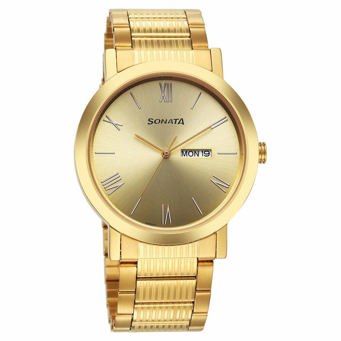 Sota Utsav Quartz Alog with Day and Date Champagne Dial Stainless Steel Strap Watch for Men (77108YM11)