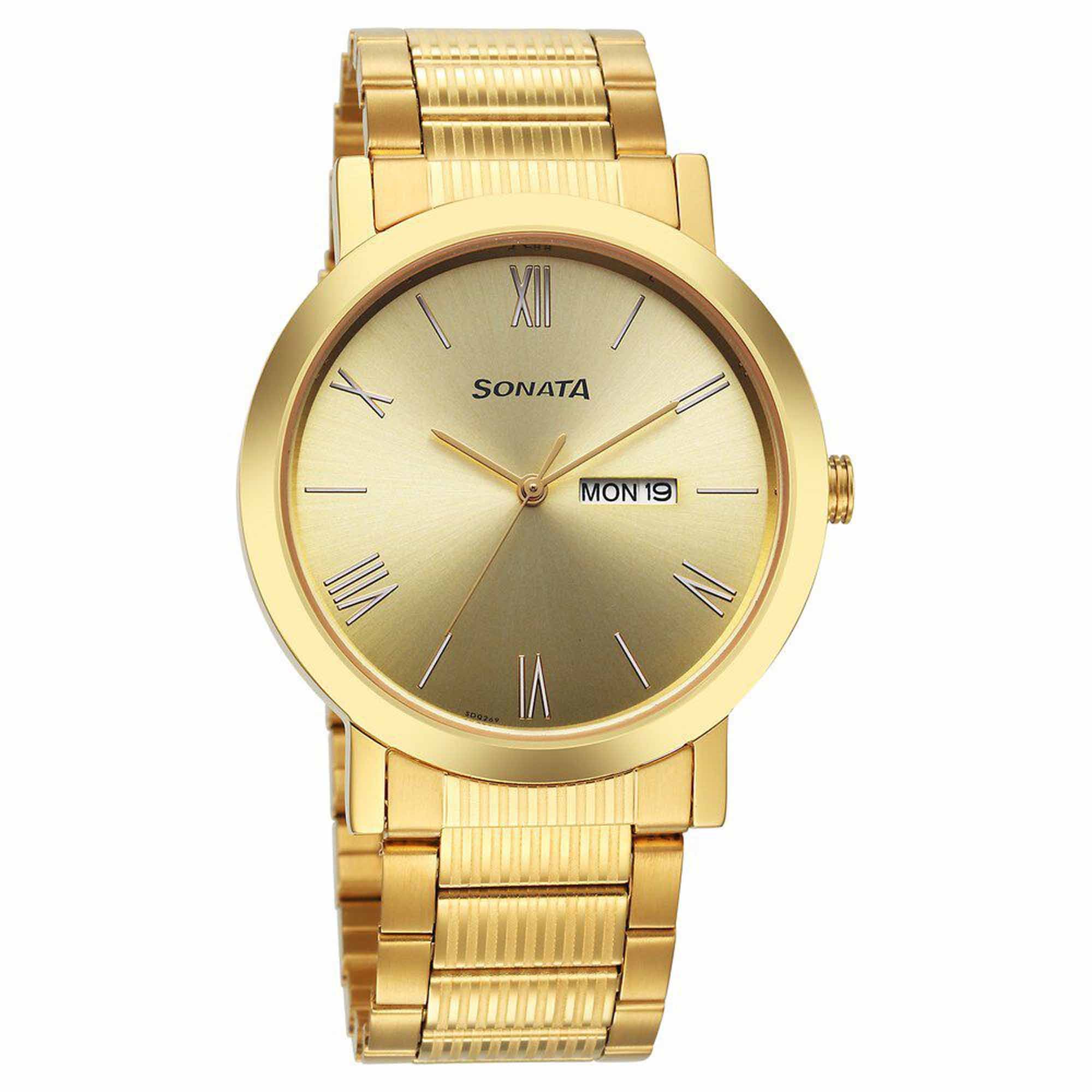 Sota Utsav Quartz Alog with Day and Date Champagne Dial Stainless Steel Strap Watch for Men (77108YM11)