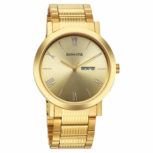 Sota Utsav Quartz Alog with Day and Date Champagne Dial Stainless Steel Strap Watch for Men (77108YM11)