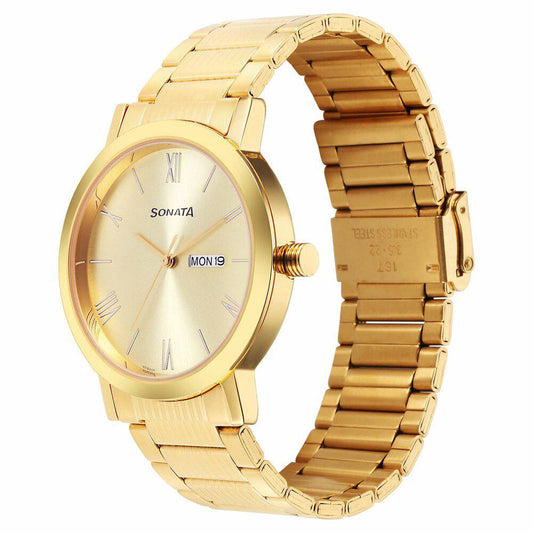 Sota Utsav Quartz Alog with Day and Date Champagne Dial Stainless Steel Strap Watch for Men (77108YM11)
