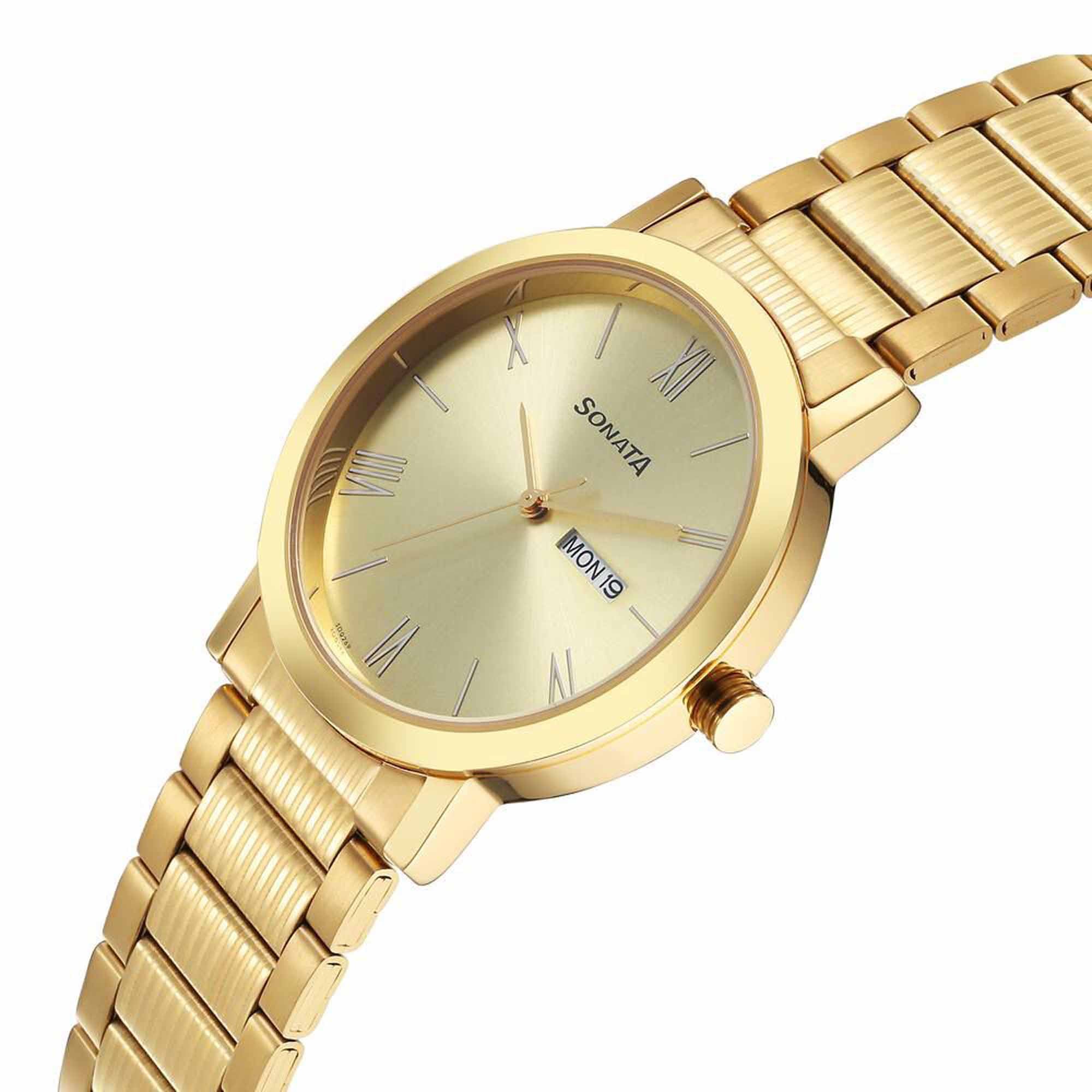 Sota Utsav Quartz Alog with Day and Date Champagne Dial Stainless Steel Strap Watch for Men (77108YM11)