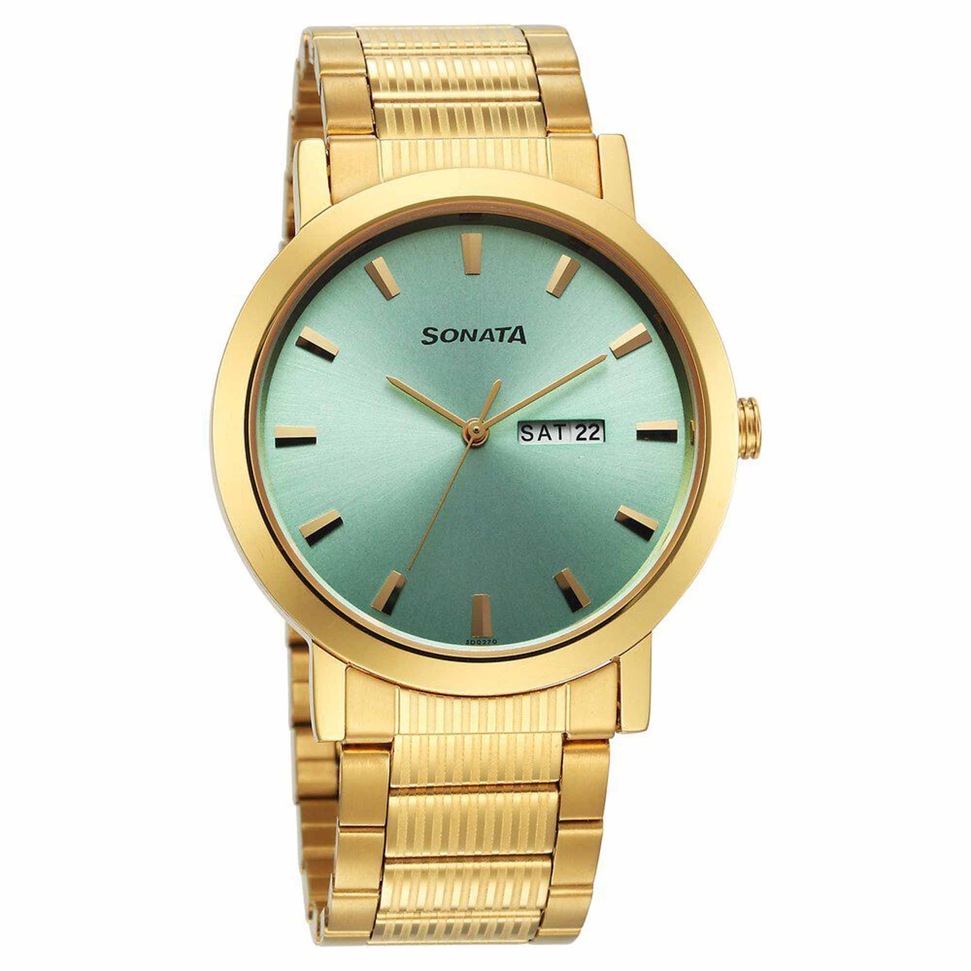 Sota Utsav Quartz Alog with Day and Date Green Dial Stainless Steel Strap Watch for Men (77108YM12)