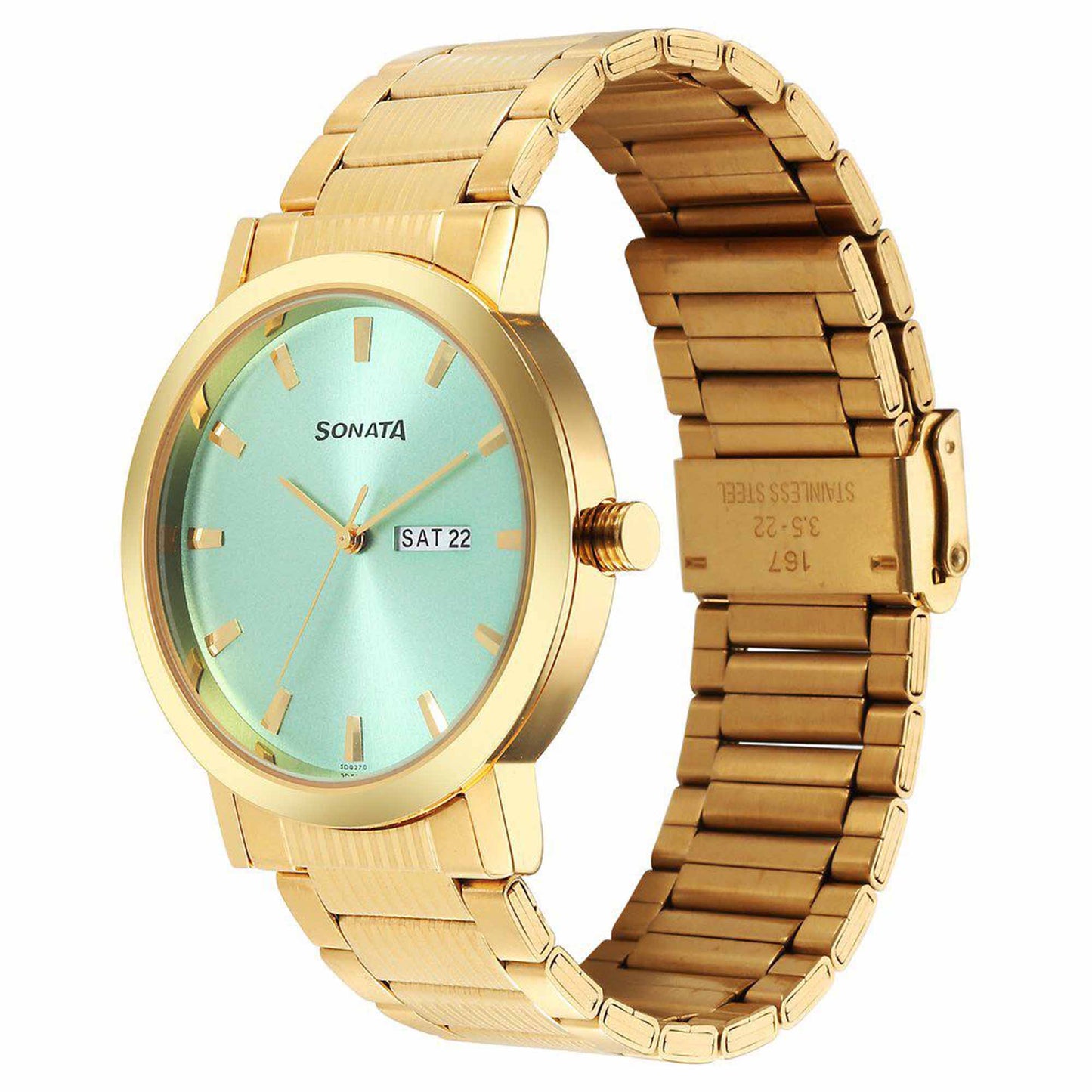 Sota Utsav Quartz Alog with Day and Date Green Dial Stainless Steel Strap Watch for Men (77108YM12)