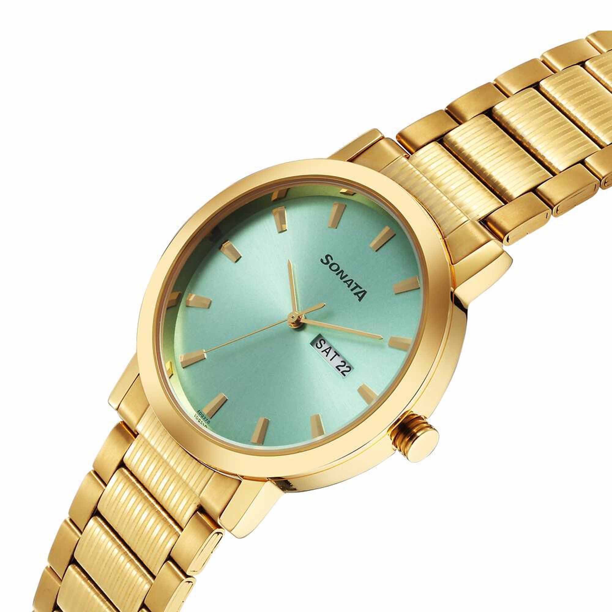 Sota Utsav Quartz Alog with Day and Date Green Dial Stainless Steel Strap Watch for Men (77108YM12)