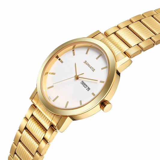 Sonata Utsav Quartz Analog with Day and Date White Dial Stainless Steel Strap Watch for Men