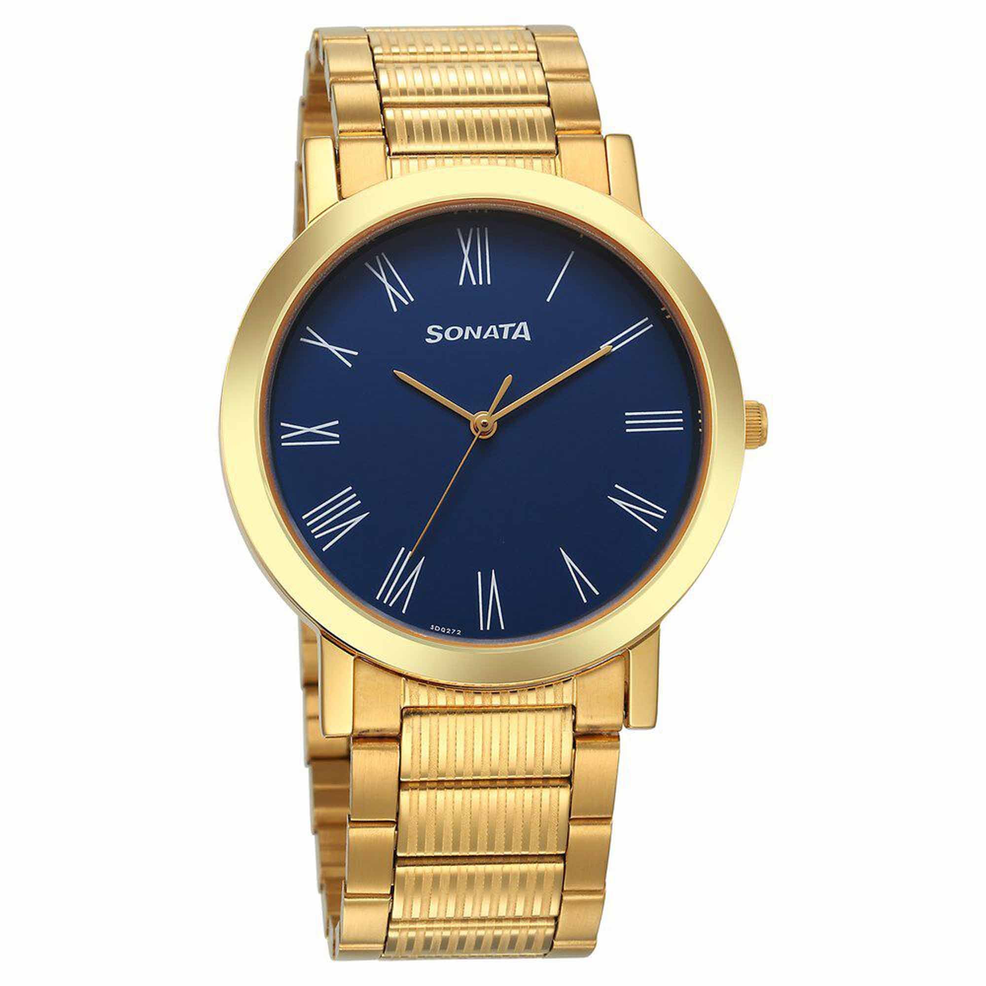Sonata Fashion Blue Dial Gold Metal Strap Analog Watch for Men
