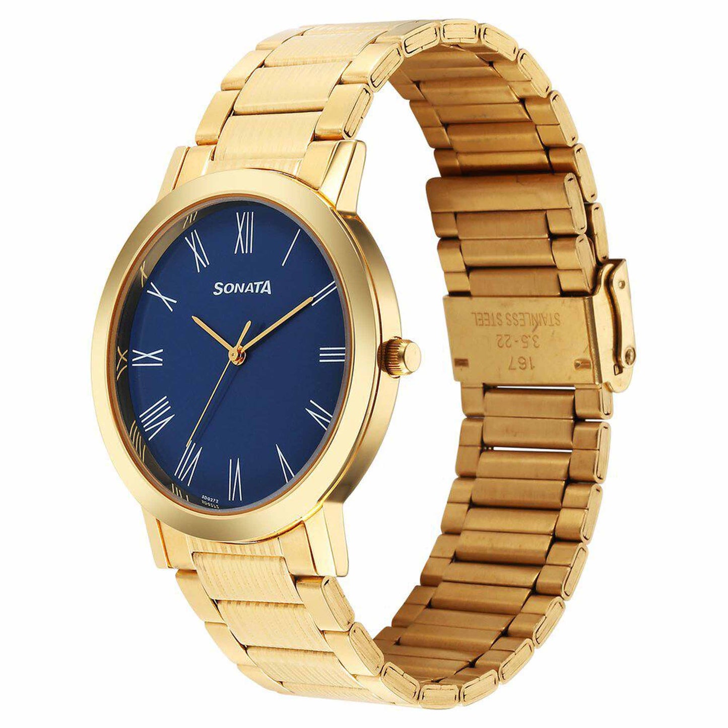 Sonata Fashion Blue Dial Gold Metal Strap Analog Watch for Men