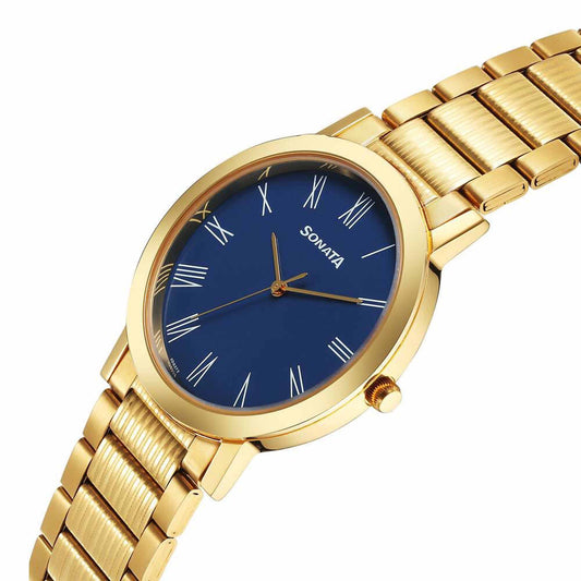 Sonata Fashion Blue Dial Gold Metal Strap Analog Watch for Men