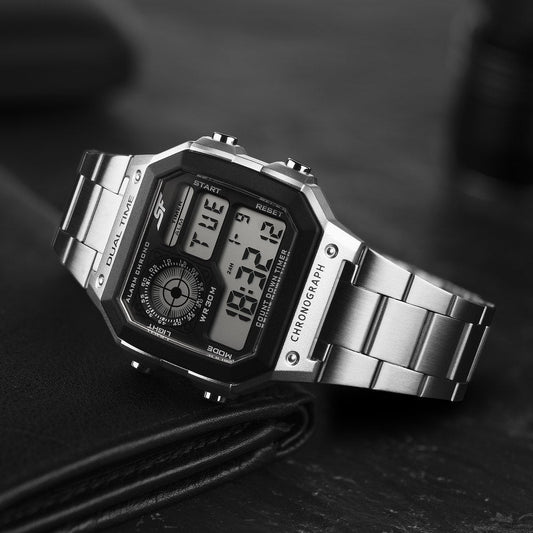 SF Hexa Metal Digital Digital Black Dial Stainless Steel Strap Watch for Unisex