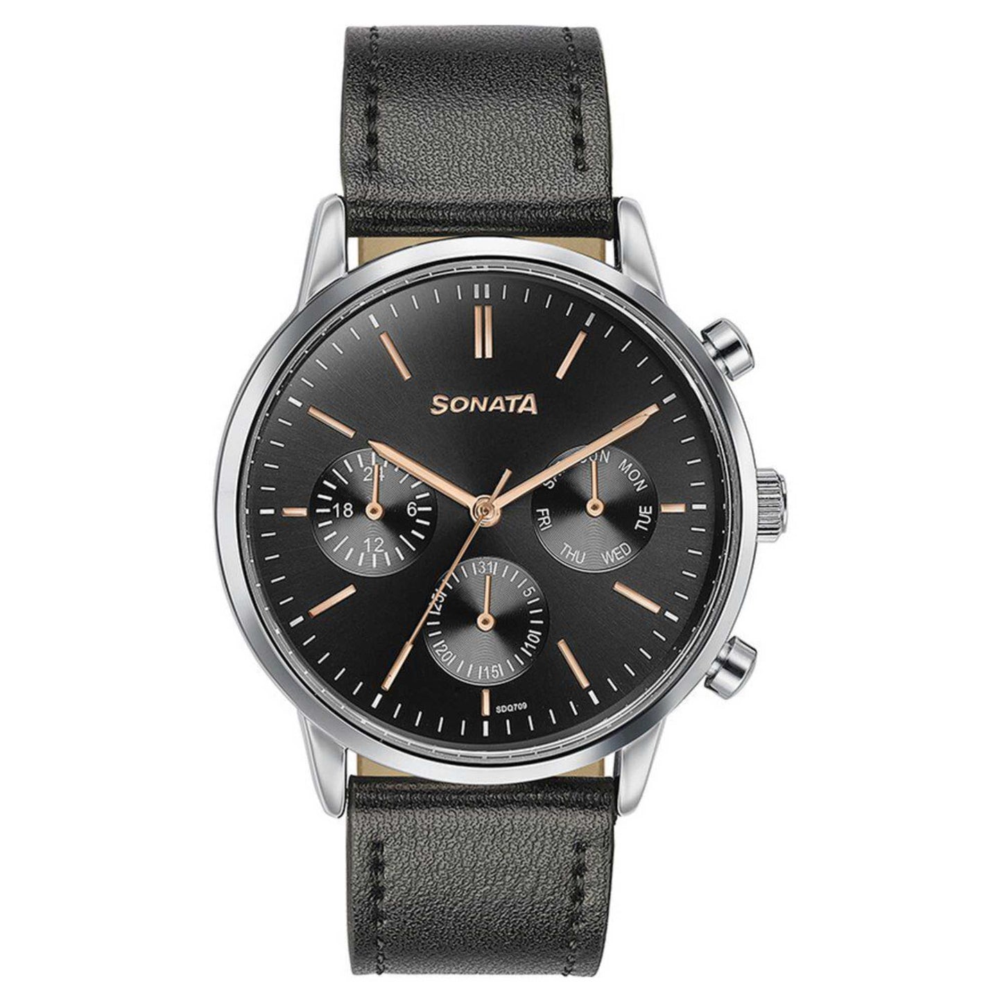 Sonata Quartz Multifunction Black Dial Black Leather Strap Watch For Men
